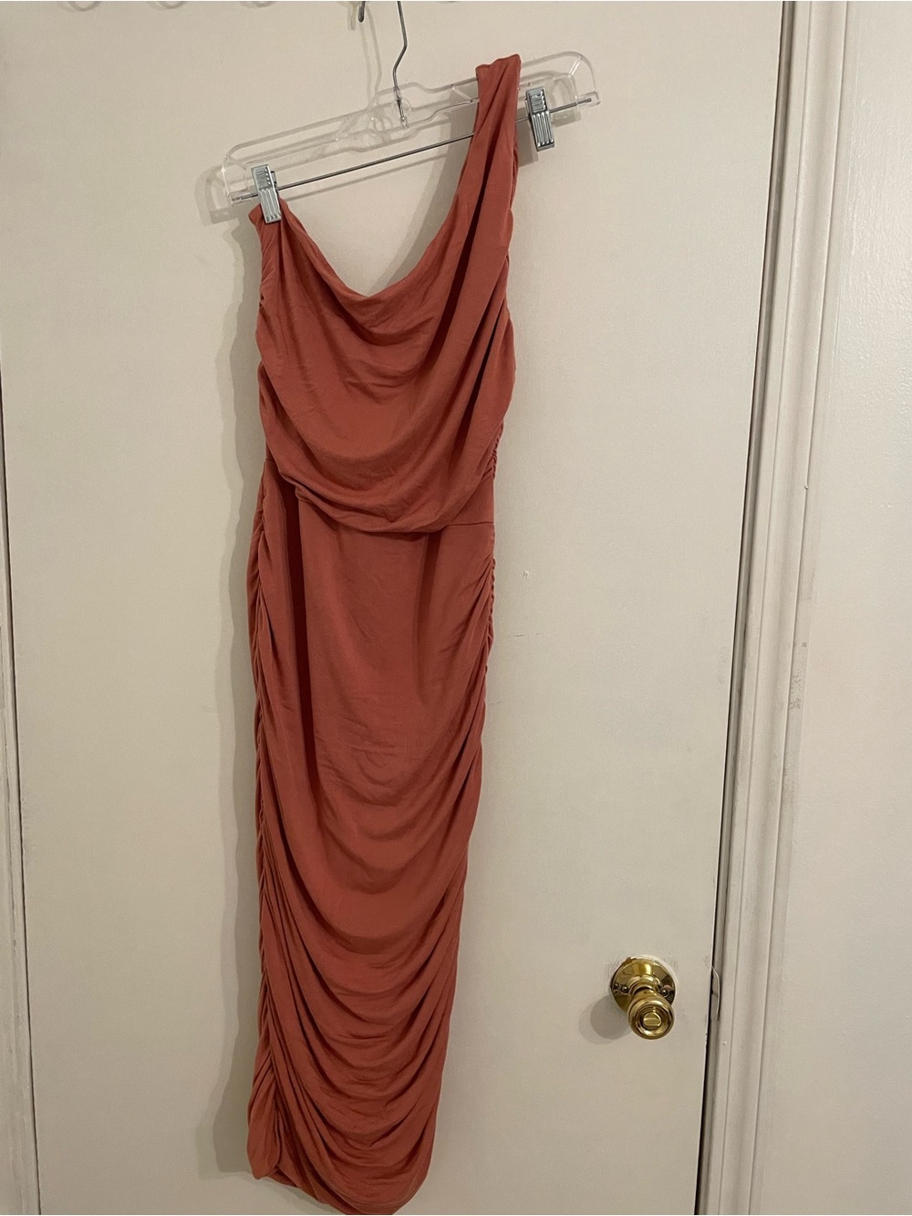 Socialite One-Shoulder Ruched Maxi Dress in Terracotta